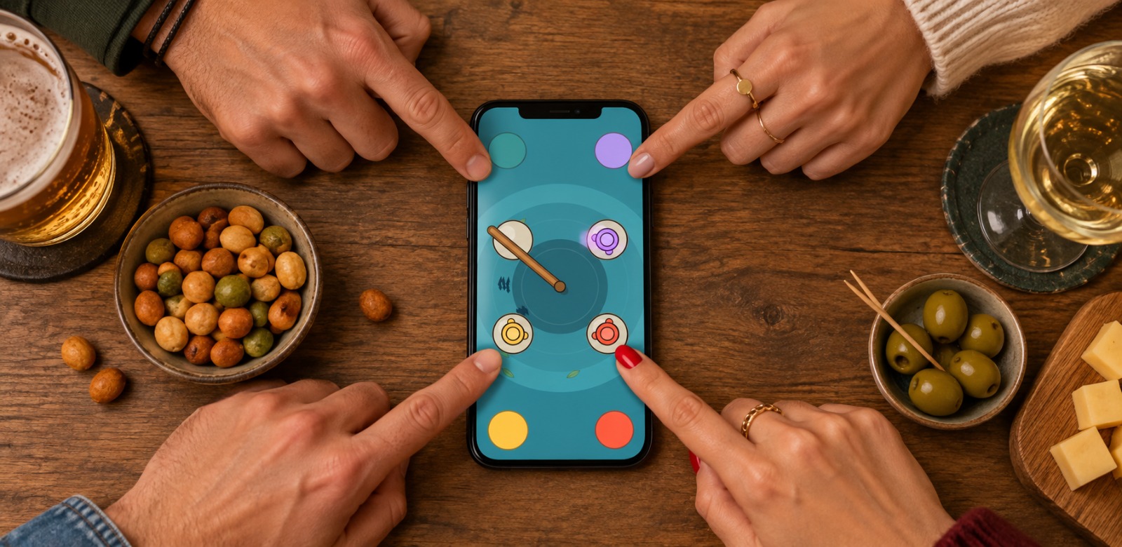 Four people around a wooden table, all pointing at one phone in the middle
